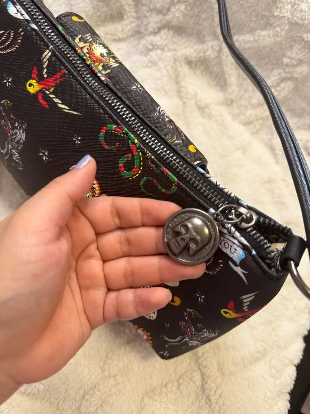 Ed Hardy Black Multicolor Tattoo-Print Crossbody Bag with Grommet Trim